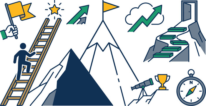 Business Success and Career Growth Icon Set with Ladders, Mountains, Trophies, and Progression Symbols for Goals and Corporate Achievement