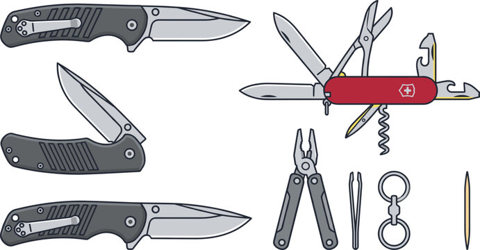 Pocket Knife and Multitool Vector Icon Set Featuring Folding Blades, Scissors, Pliers, and Outdoor Survival EDC Gear Elements