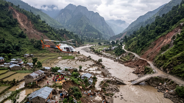 Helicopter conducting rescue operations over a floodaffected village in nepal with damaged infrastructure and landslides along the river banks