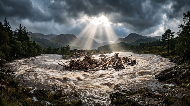 Dramatic landscape of a flooded river in the scottish highlands with a large pile of driftwood debris under a bright sunbeam breaking through storm clouds