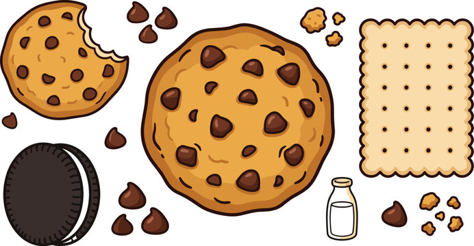 Chocolate chip cookies vector icon set with whole bitten cookie sandwich biscuit cracker chocolate chips and milk bottle isolated