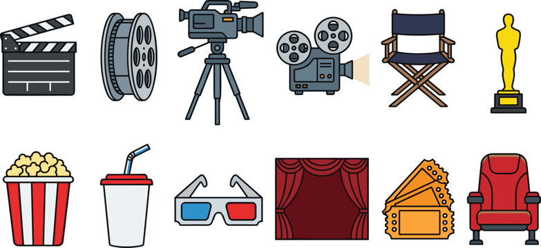 Cinema and movie production vector icon set with clapperboard camera film reel director chair trophy popcorn and tickets isolated