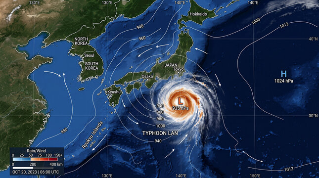 Satellite weather map showing typhoon lan approaching japan with low pressure center and wind patterns on october 20, 2023