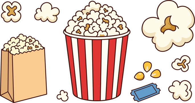 Doodle cinema popcorn bucket and paper snack bag vector illustration set with movie kernels and ticket stub