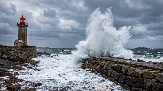 Dramatic storm waves crashing against a stone pier and lighthouse on a rocky coastline under a moody, overcast sky in brittany, france