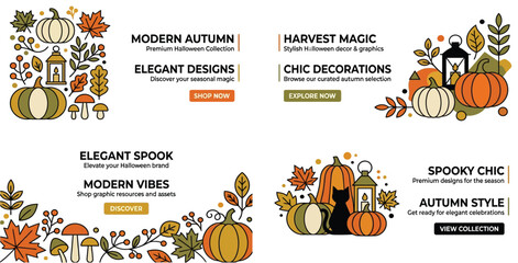 Fototapeta premium Modern autumn and halloween horizontal website banners with cute pumpkin and lantern illustrations halloween header harvest magic chic decorations spooky chic fall leaves shop now explore now
