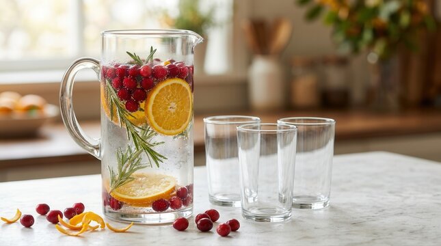 A refreshing pitcher of water with cranberries, orange, and rosemary offers a natural vitamin boost. This healthy beverage promotes wellness and sustainable hydration.