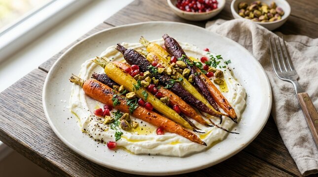 Roasted rainbow carrots provide a colorful, nutrient-dense vitamin boost. This vibrant dish supports healthy lifestyle choices and natural wellness.