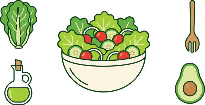 Fresh green salad bowl vector set with lettuce tomato cucumber olive oil and avocado cooking icons