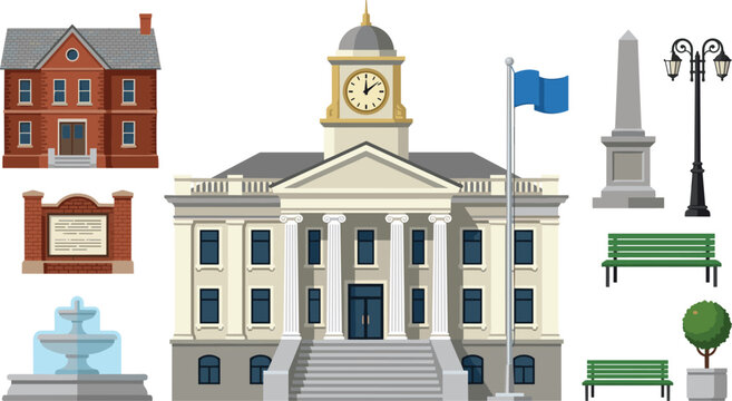 Government city hall building vector illustration set with court house fountain monument flag street lamp and benches isolated