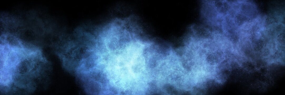Vibrant royal blue and dark shadows smoke clouds on black. Wide atmospheric banner for magic, galaxy, and dramatic deep-sea art.
