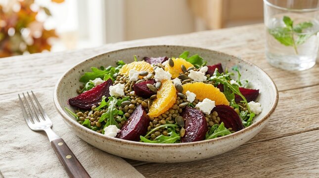 Fresh, colorful vitamin boost salad in a bowl, featuring vibrant plant-based ingredients. This nutrient-rich meal supports a healthy and sustainable lifestyle.