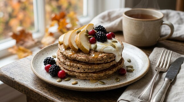 Healthy breakfast pancakes with fresh berries and pears deliver a natural vitamin boost. This nutritious meal supports a balanced, wholesome lifestyle.