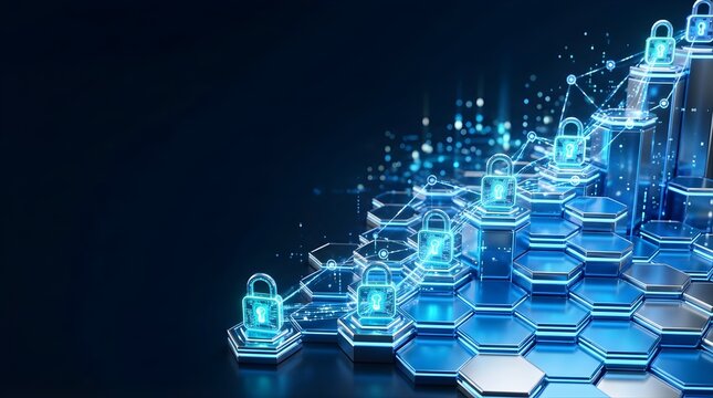 Digital cybersecurity concept with glowing blue data locks on hex grid