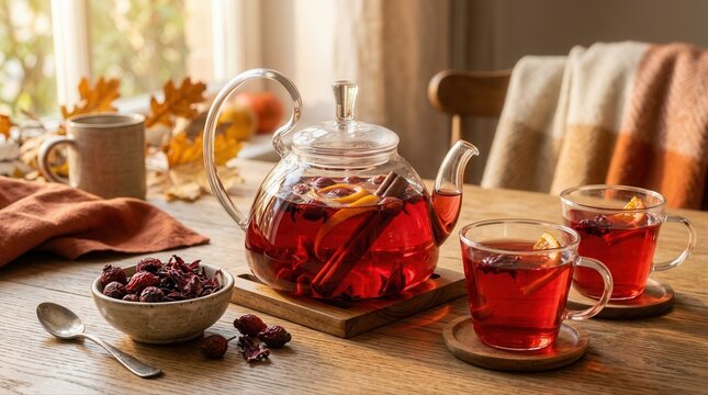 Vibrant herbal tea, rich in natural vitamins, steeps in a glass teapot. This warm, healthy beverage supports a cozy autumn lifestyle.
