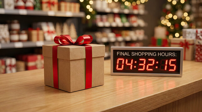 Gift box red ribbon countdown timer holiday store gift box with red ribbon creates festive urgency during final shopping hours, glowing countdown beside wooden counter and decorated retail shelf