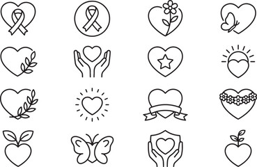 Obraz premium Set of sixteen heart icons with various decorative elements in a clean black and white line style