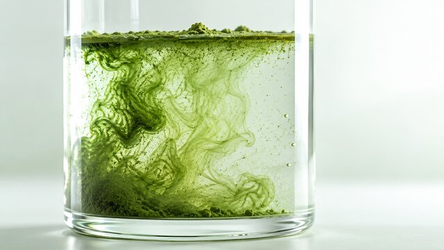 Matcha powder dissolving into water inside a clear glass vessel on a clean backdrop