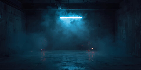 Naklejka premium Young Man Standing in a Dark Room with Blue Smoke, Clouds and Dramatic Night Light