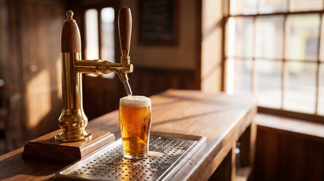 Beer tap with drip tray, Pint of draft beer poured from tap in sunny traditional pub  