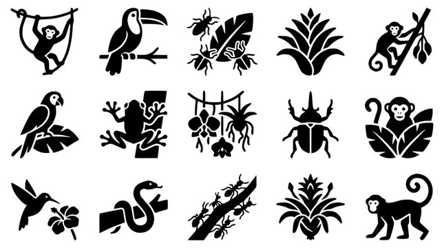 Jungle Animals and Plants Icons Set: Monkey, Toucan, Parrot, Frog, Snake, Insects, Flowers