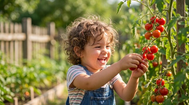 Child picking cherry tomatoes, Young child picking ripe tomatoes in a sunny home vegetable garden  
