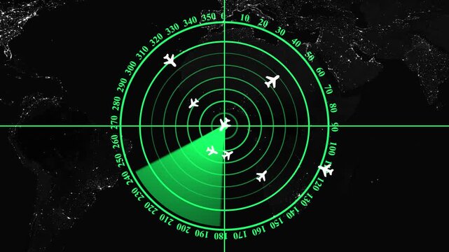 Monochrome radar screen featuring a sweeping light beam across green target rings, airplane icons, degree markings, and a world map background. Animated air traffic control radar, flight tracking .