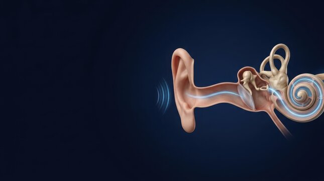 Cross-section of human ear showing auditory canal and cochlea with sound waves anatomy eardrum