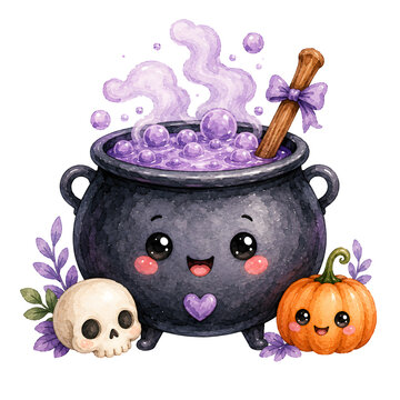 Cute Halloween Cauldron with Purple Potion Watercolor Illustration Isolated on White