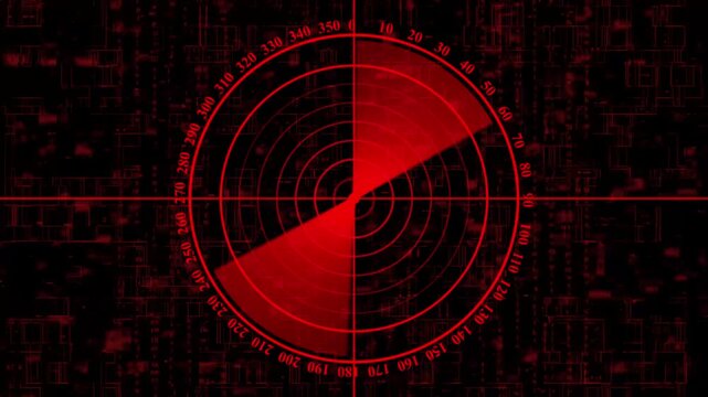 Futuristic glowing red radar scope with a rotating scanning light beam sweeping over concentric circles, degree markings, and a digital circuit grid background. 