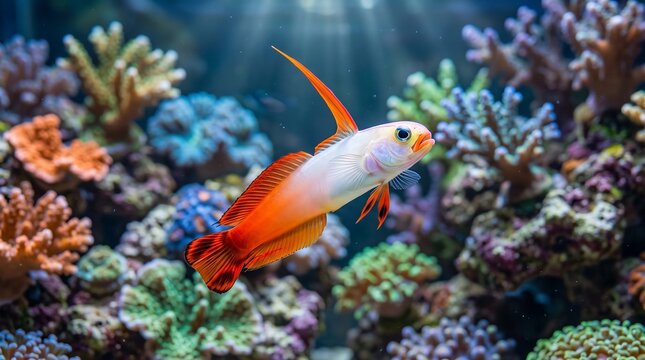 Saltwater tank firefish, Firefish swimming in coral reef aquarium with colorful live corals