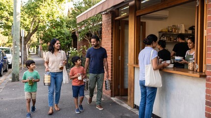 Obraz premium Family brings reusable containers to takeaway shop