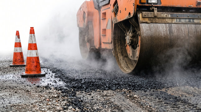 Heavy industrial steamroller compacting fresh hot asphalt road surface