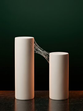 Twin bone china pedestals connected by spun sugar cobweb bridge against a dark green background with subtle lighting effects