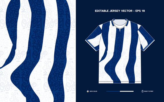 Blue and White Striped Soccer Jersey Template with CMYK Color Ready for Print Design