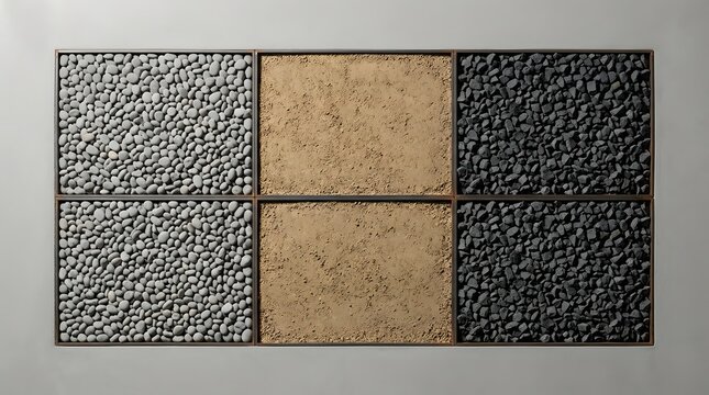 Neatly arranged construction aggregates with pebbles sand and gravel in metal frames for civil engineering guidebooks and building material resources