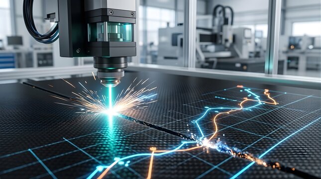 Industrial laser cutter machine engraving carbon fiber panel in factory