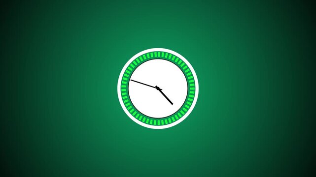 An analog clock icon on a dark blue gradient background with a white dial, black hands pointing to midnight, and a cyan tick-marked outer ring. Animated clock ticking sound, time passing animition.