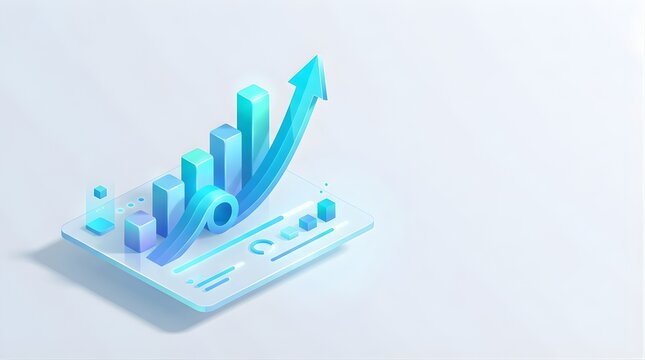 Isometric 3D financial growth bar chart with an upward arrow on light blue