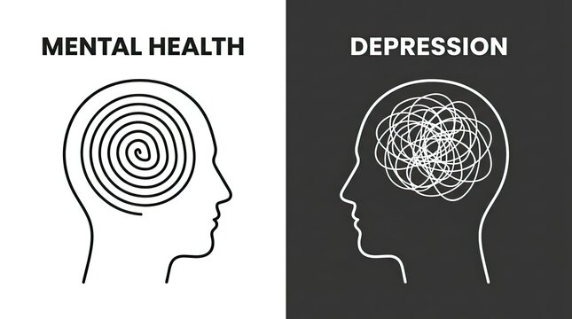 Conceptual illustration comparing mental health and depression for awareness during world mental health day educational campaigns