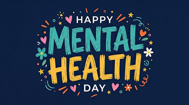 Colorful hand drawn typography design celebrating world mental health day with decorative hearts and floral elements