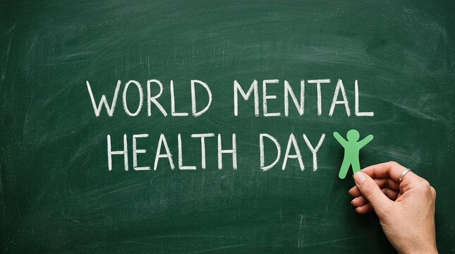 A hand placing a green paper cutout person on a chalkboard written with world mental health day text