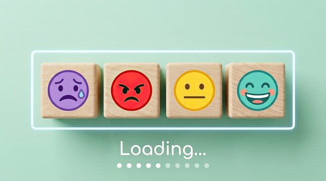 Wooden blocks with various emotional faces representing a loading bar for world mental health day concept
