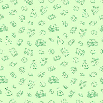 Hand drawn money seamless pattern, payment doodle pattern background