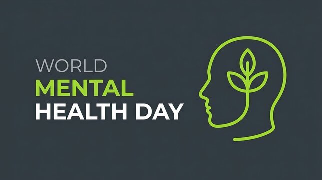 Minimalist graphic design for world mental health day featuring a human head silhouette with a growing plant sprout