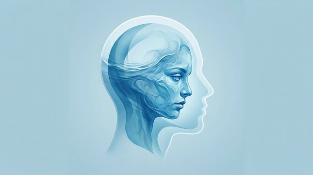 Conceptual illustration of human head anatomy for world mental health day featuring blue glowing brain and mind