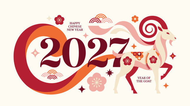 Chinese New Year 2027 Year of the Goat vector, lunar zodiac goat with floral patterns, festive oriental holiday banner