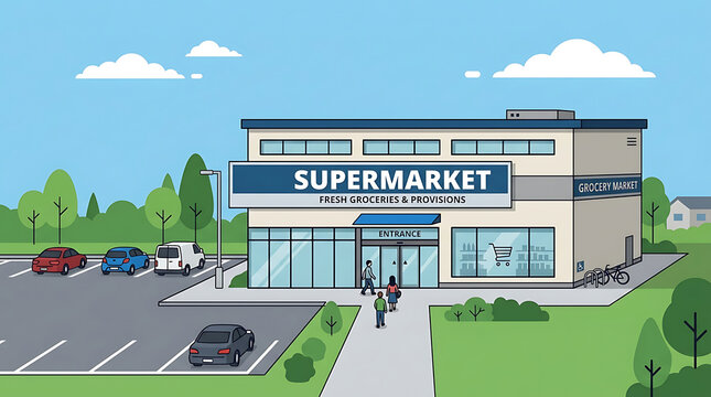 Modern supermarket building exterior with shoppers and vehicles in a bright daytime scene