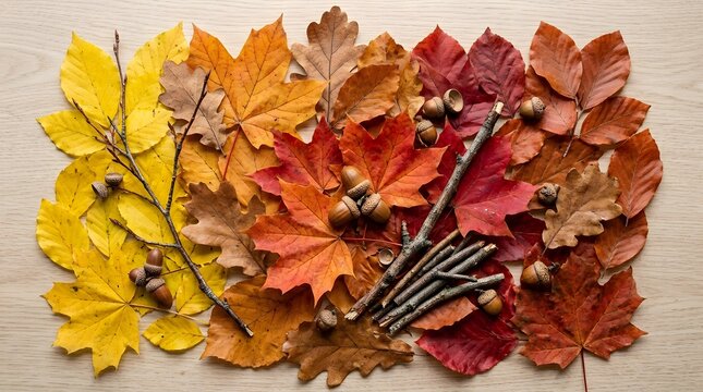 Vibrant autumn leaves arranged with wooden twigs and tiny acorns creating a warm seasonal pattern on a natural light background