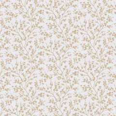 Tiny Beige Floral Sprigs Seamless Pattern Ditsy Flower Branches On White Background Vintage Wallpaper © Mondal_01